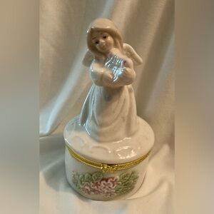 Ceramic Angel & Harp Hinged Trinket Box with Floral Design 4.5” x 2.5”